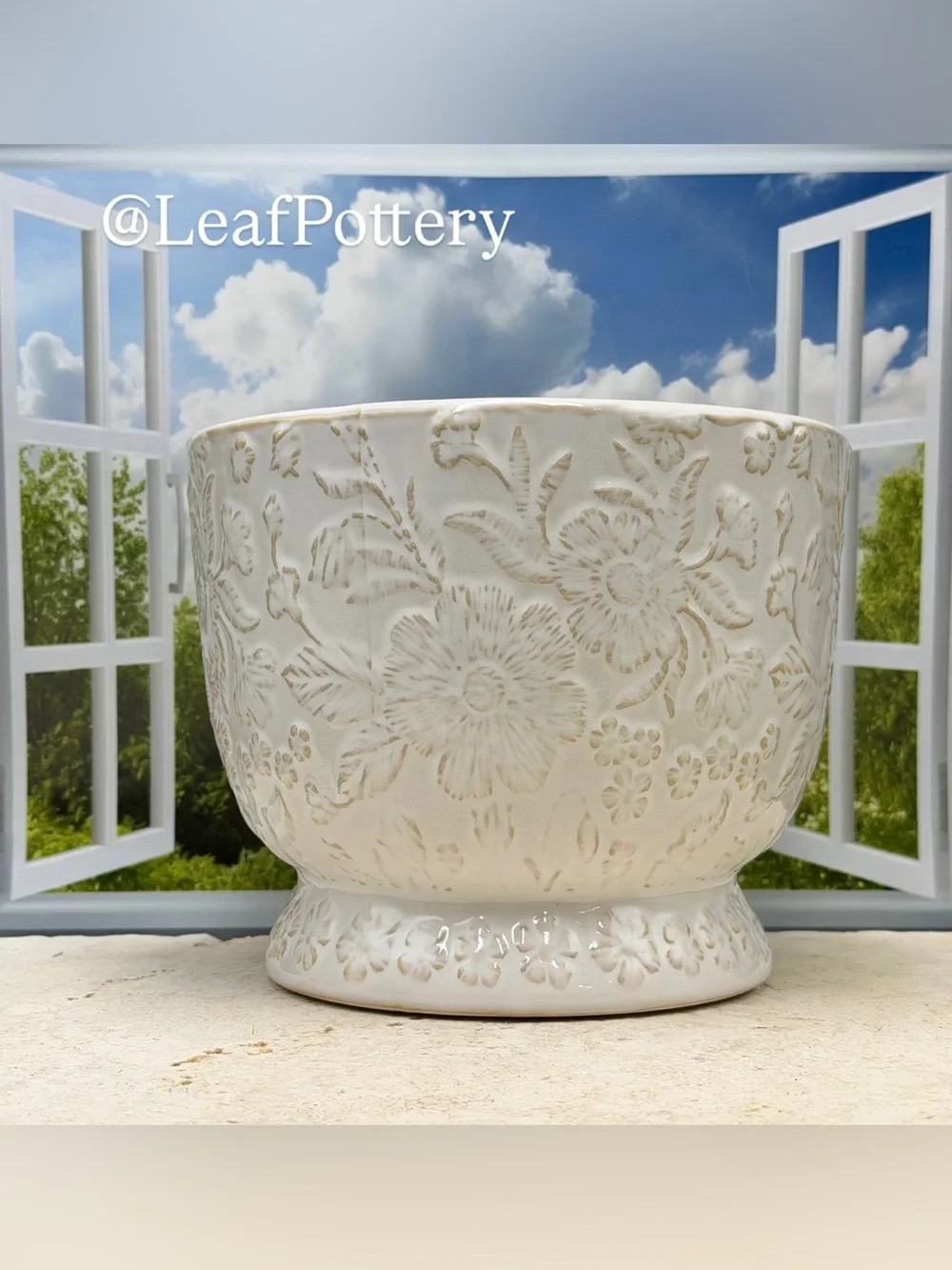 Ceramic Floral Planter with Drainage Hole - 7.5 Inch White Embossed Flower Pot